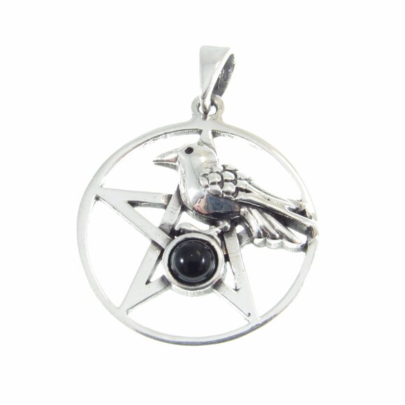 Solid 925 Sterling Silver & Black Onyx Wiccan Raven Pentacle Pentagram Pendant - Picture 4 of 9